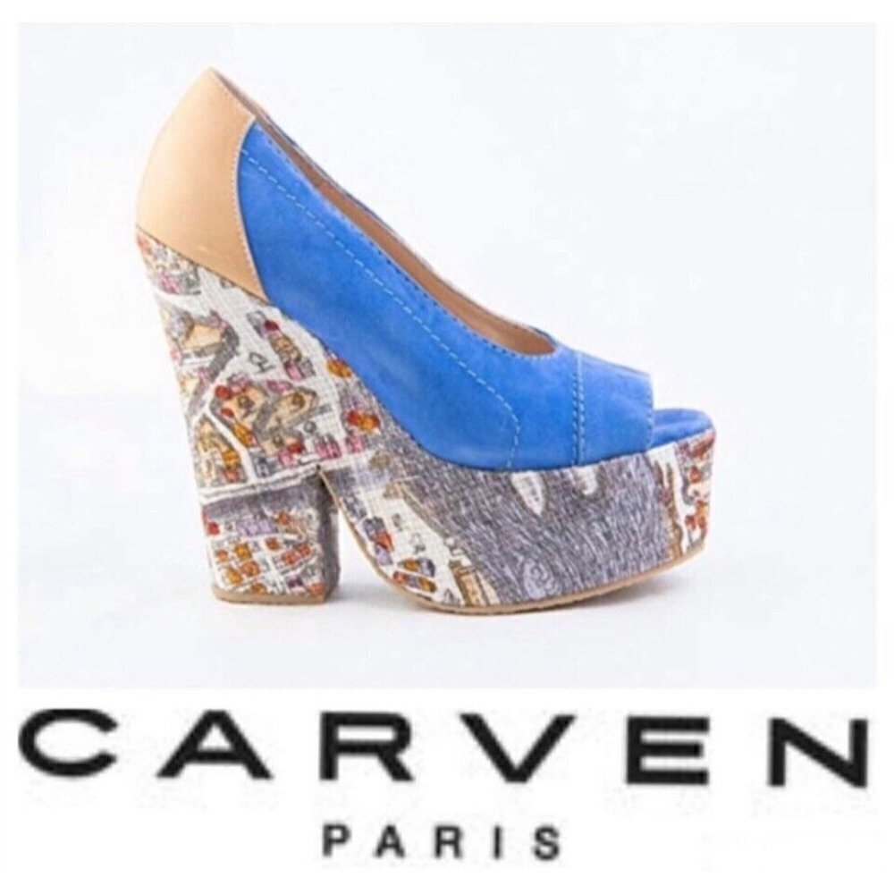 Carven Blue Chunky Wooden Platform Open Toe Heel Size 38 Novelty Print Artsy